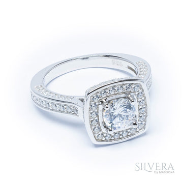 SILVERA 925 Silver Ring Rings Cincin Perak ~ Sparkle Square Halo Ring, 925 Silver by Masdora