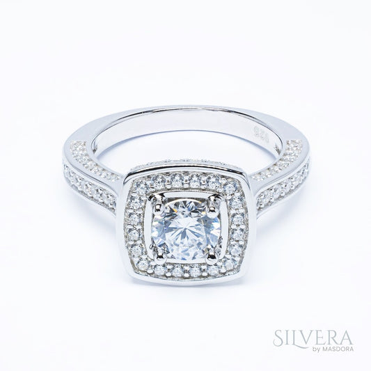 SILVERA 925 Silver Ring Rings Cincin Perak ~ Sparkle Square Halo Ring, 925 Silver by Masdora