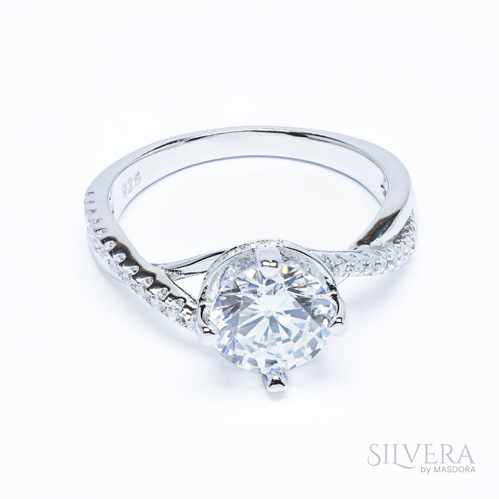 SILVERA 925 Silver Ring Rings Cincin Perak ~ Twisting Sparkle Solitaire Ring, 925 Silver by Masdora