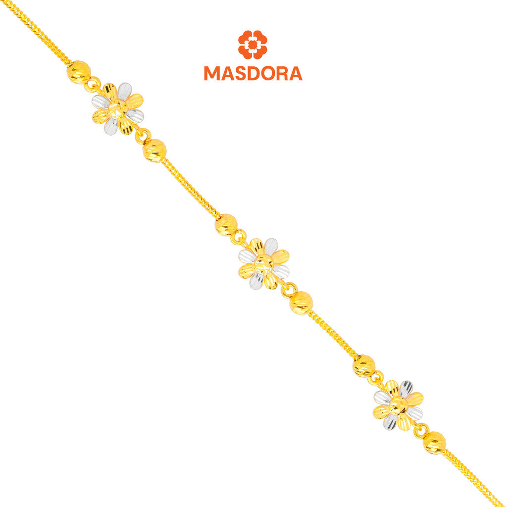 MASDORA 916 Gold Bracelet Rantai Tangan Emas ~ Duotone Daisy 3 Flower (EMAS 916/22K)