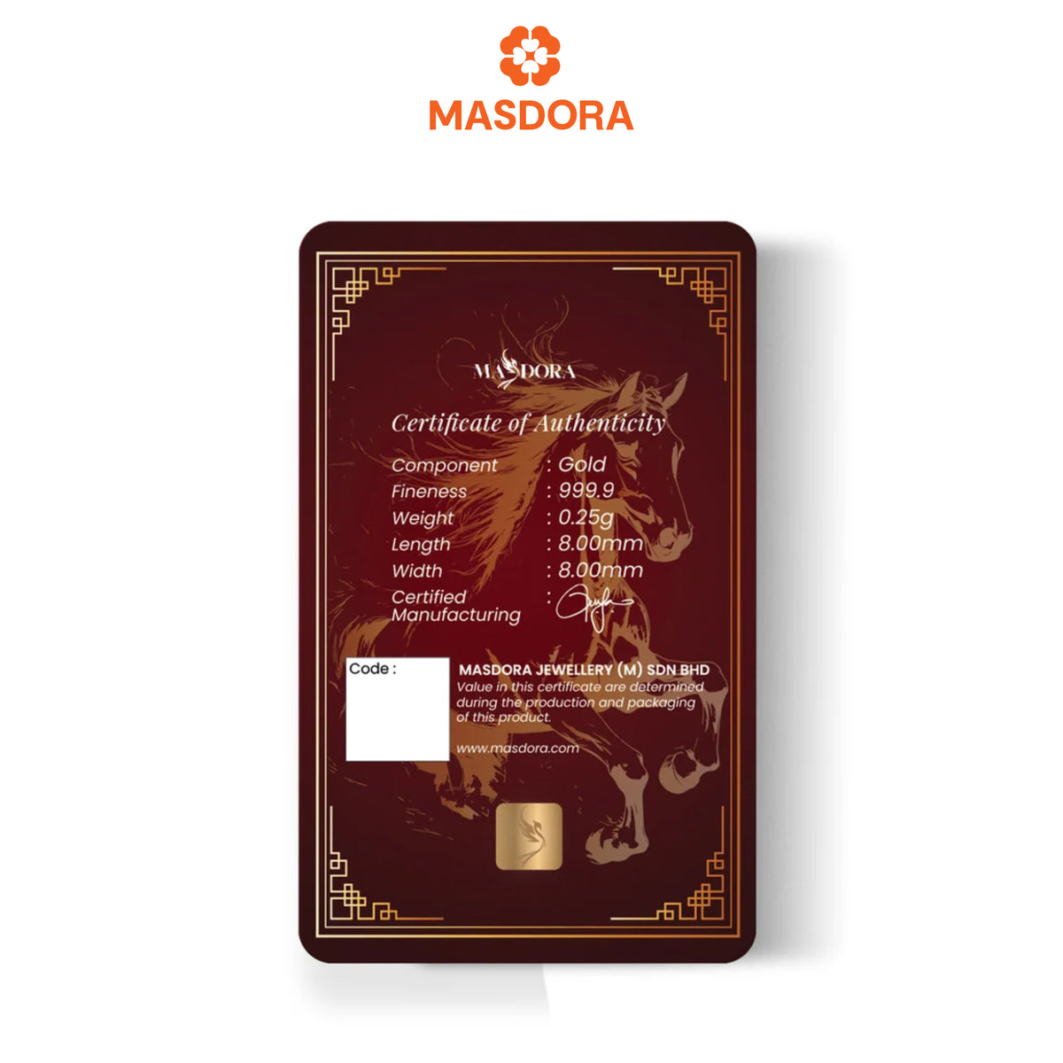 MASDORA 999.9 Gold Bar 0.25GM Calendar Year Collection ~ Golden Horse Lunar (EMAS 999.9/24K)