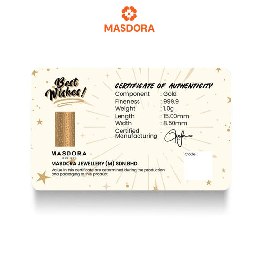MASDORA 999.9 Gold Bar 1.00GM Gift Series ~ Best Wishes (EMAS 999.9/24K)
