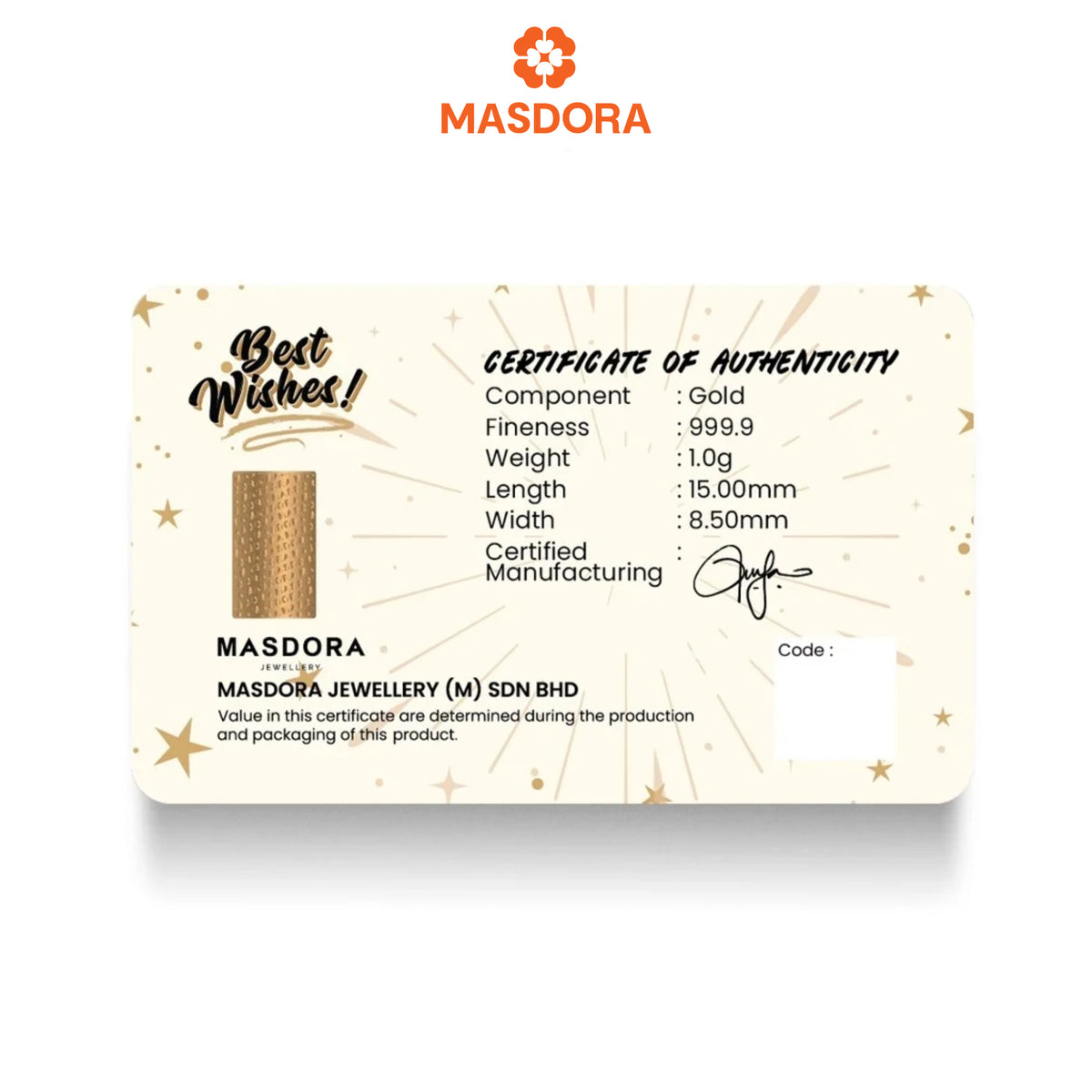 MASDORA 999.9 Gold Bar 1.00GM Gift Series ~ Best Wishes (EMAS 999.9/24K)