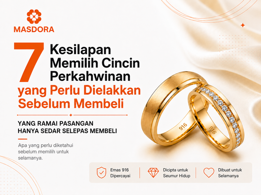 Banner blog MASDORA menampilkan dua cincin perkahwinan emas 916 dengan tajuk “7 Kesilapan Memilih Cincin Perkahwinan yang Perlu Dielakkan Sebelum Membeli.”