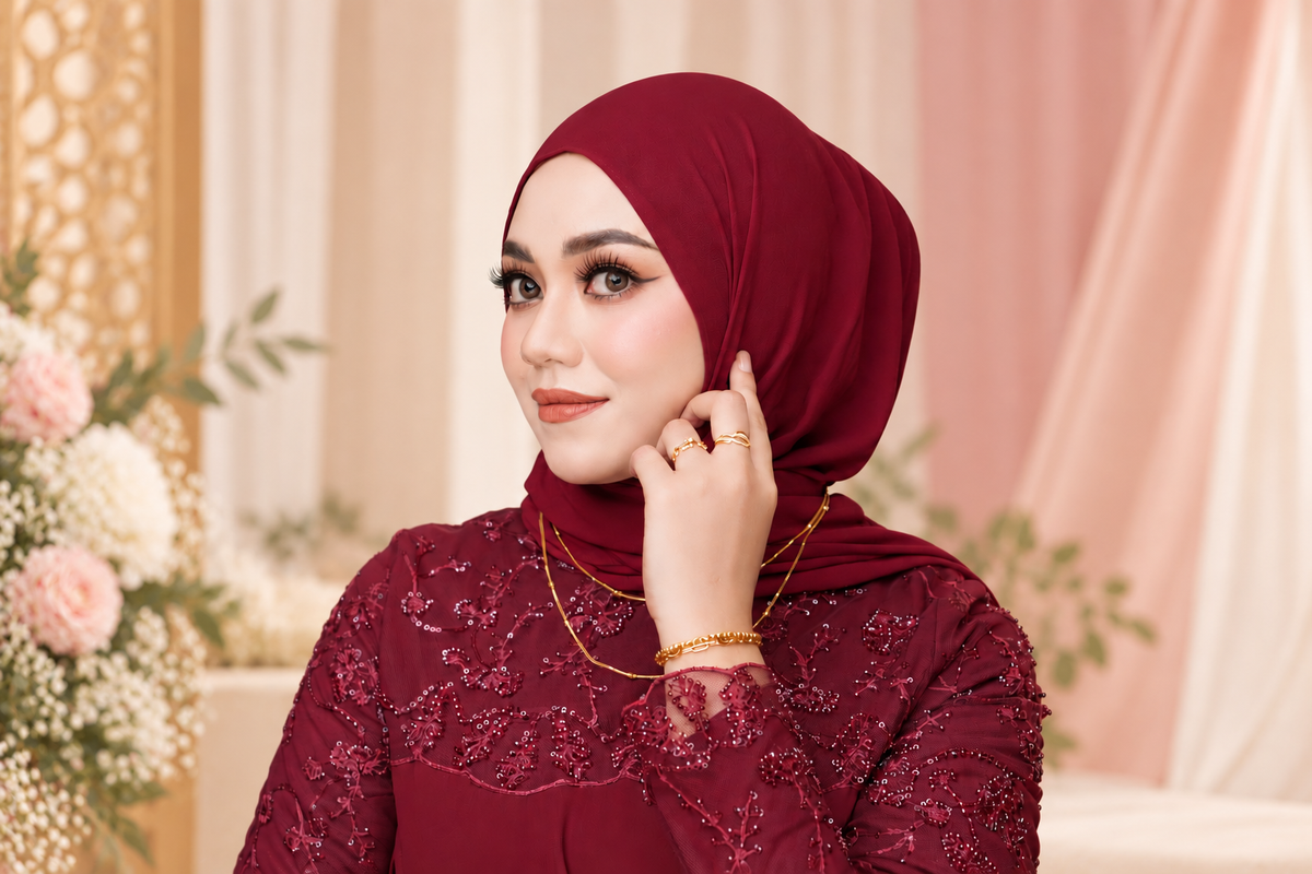 A close-up lifestyle shot of a gold ring being placed on a woman's finger. The woman is wearing a deep burgundy lace hijab and matching dress, accessorized with gold necklaces and bracelets, while another person wears a teal satin top and a gold bangle.