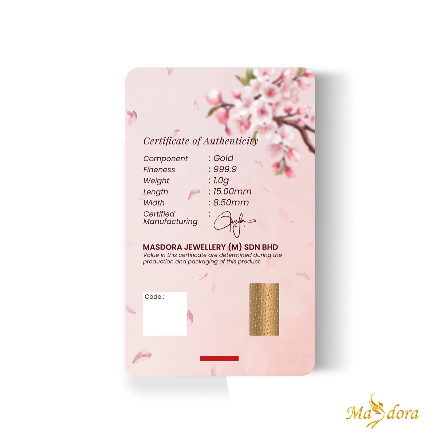 MASDORA 999.9 Gold Bar 1.0GM Flower Series ~ Plum Blossom