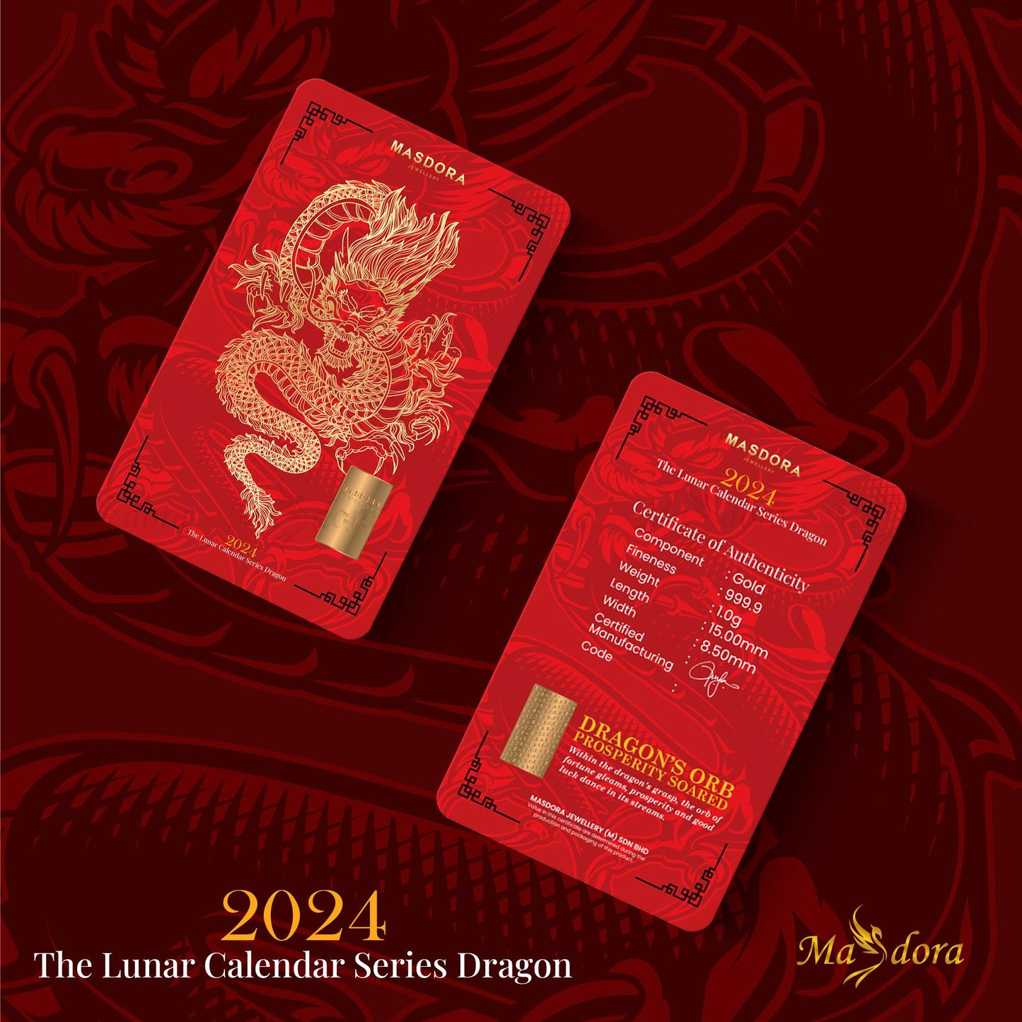 MASDORA 999.9 Gold Bar 1.00G ~ Golden Dragon Lunar Calendar Year Collection (Emas 999.9)