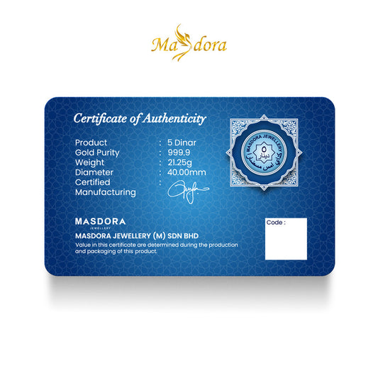 MASDORA 999.9 Gold Signature 5 Dinar (21.25GM) Signature Series (EMAS 999.9/24K)