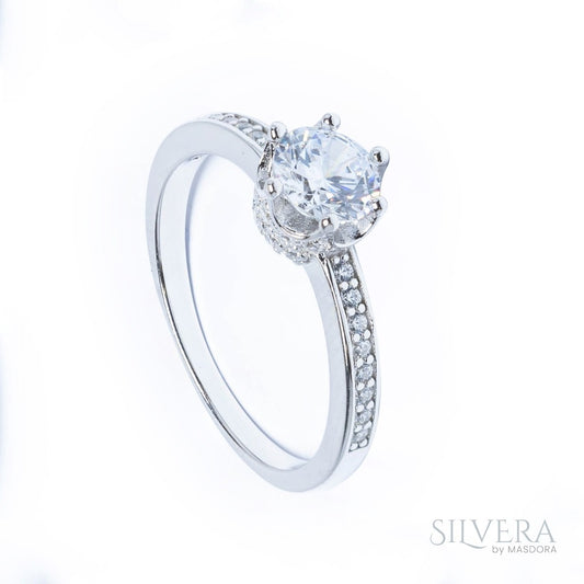 SILVERA 925 Silver Ring Rings Cincin Perak ~ Sparkling Crown Solitaire Ring, 925 Silver by Masdora