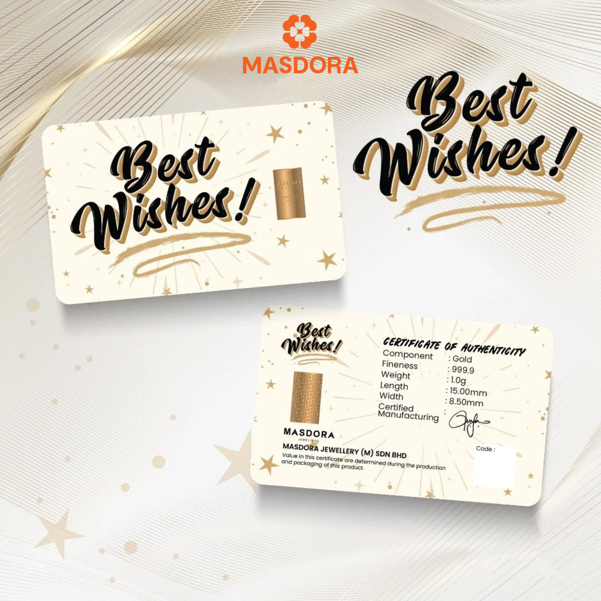 MASDORA 999.9 Gold Bar 1.00GM Gift Series ~ Best Wishes (EMAS 999.9/24K)