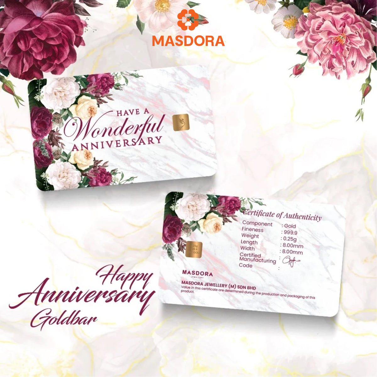 MASDORA 999.9 Gold Bar 0.25GM Gift Series ~ Wonderful Anniversary (EMAS 999.9/24K)
