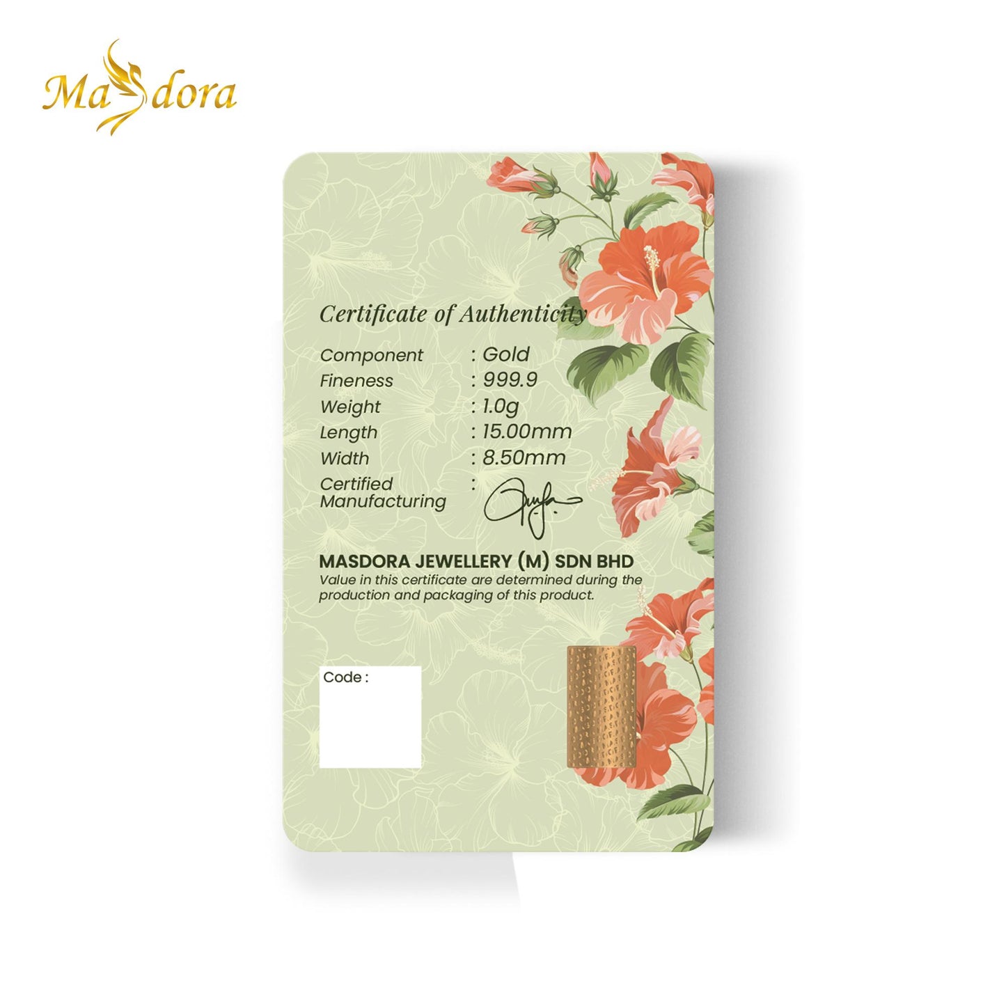 MASDORA 999.9 Gold Bar 1.0GM Flower Series ~ Hibiscus