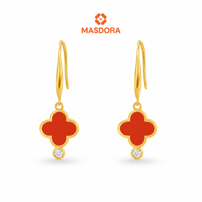 MASDORA 916 Gold Earings Earing Subang Emas ~ Dangling Clover Hook - Red (EMAS 916/22K)