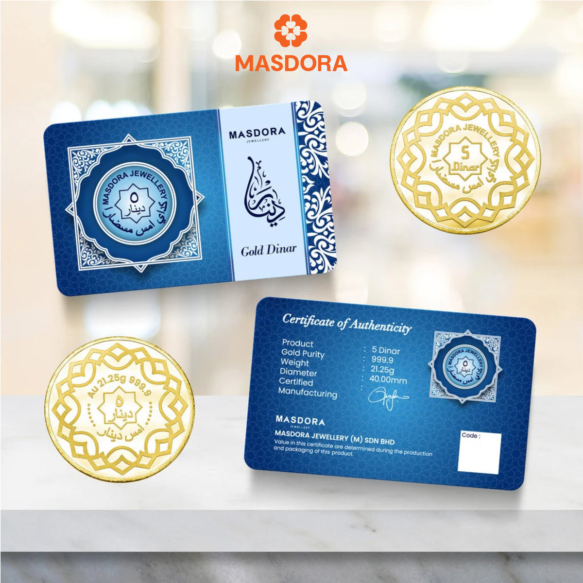 MASDORA 999.9 Gold Signature 5 Dinar (21.25GM) Signature Series (EMAS 999.9/24K)