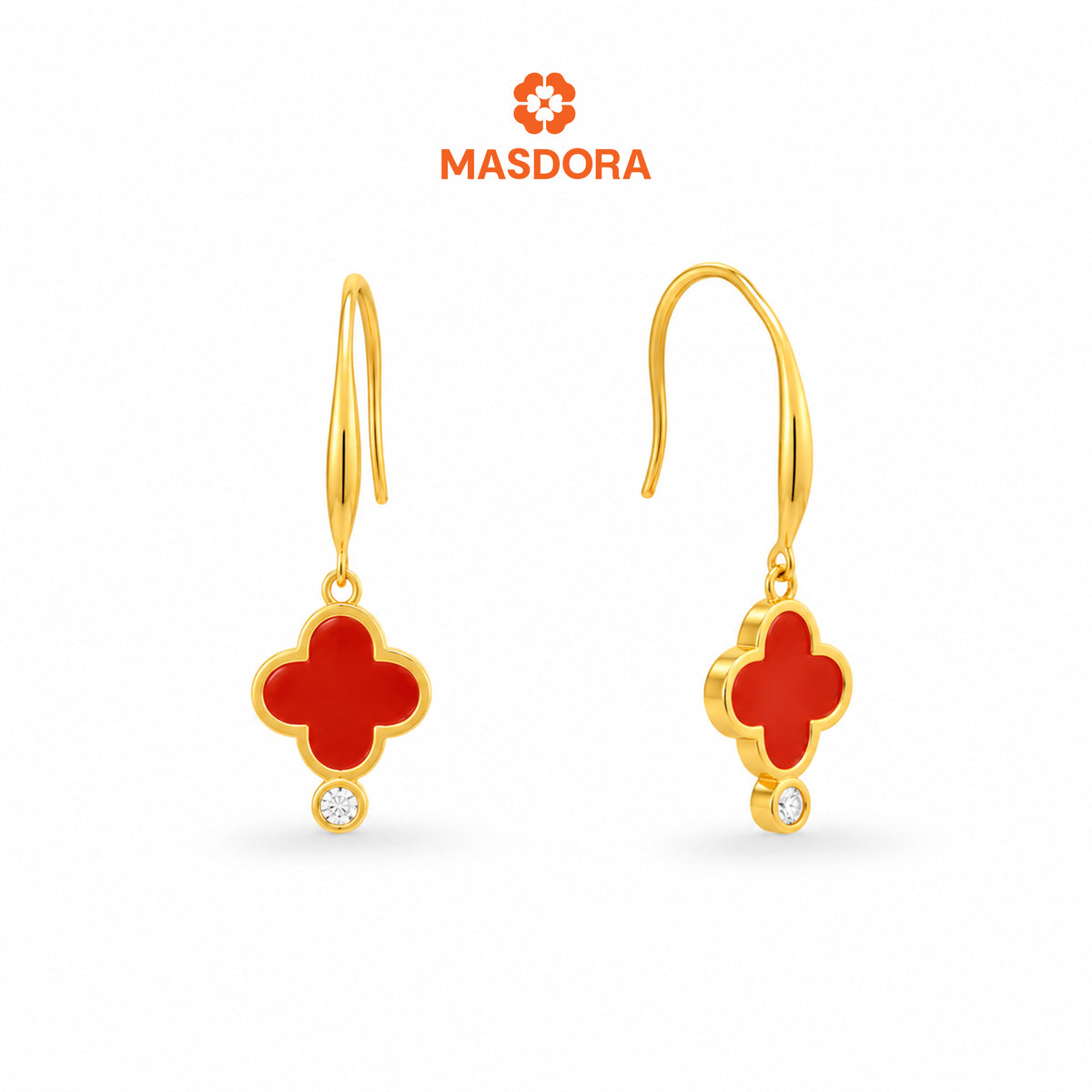 MASDORA 916 Gold Earings Earing Subang Emas ~ Dangling Clover Hook - Red (EMAS 916/22K)