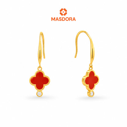 MASDORA 916 Gold Earings Earing Subang Emas ~ Dangling Clover Hook - Red (EMAS 916/22K)